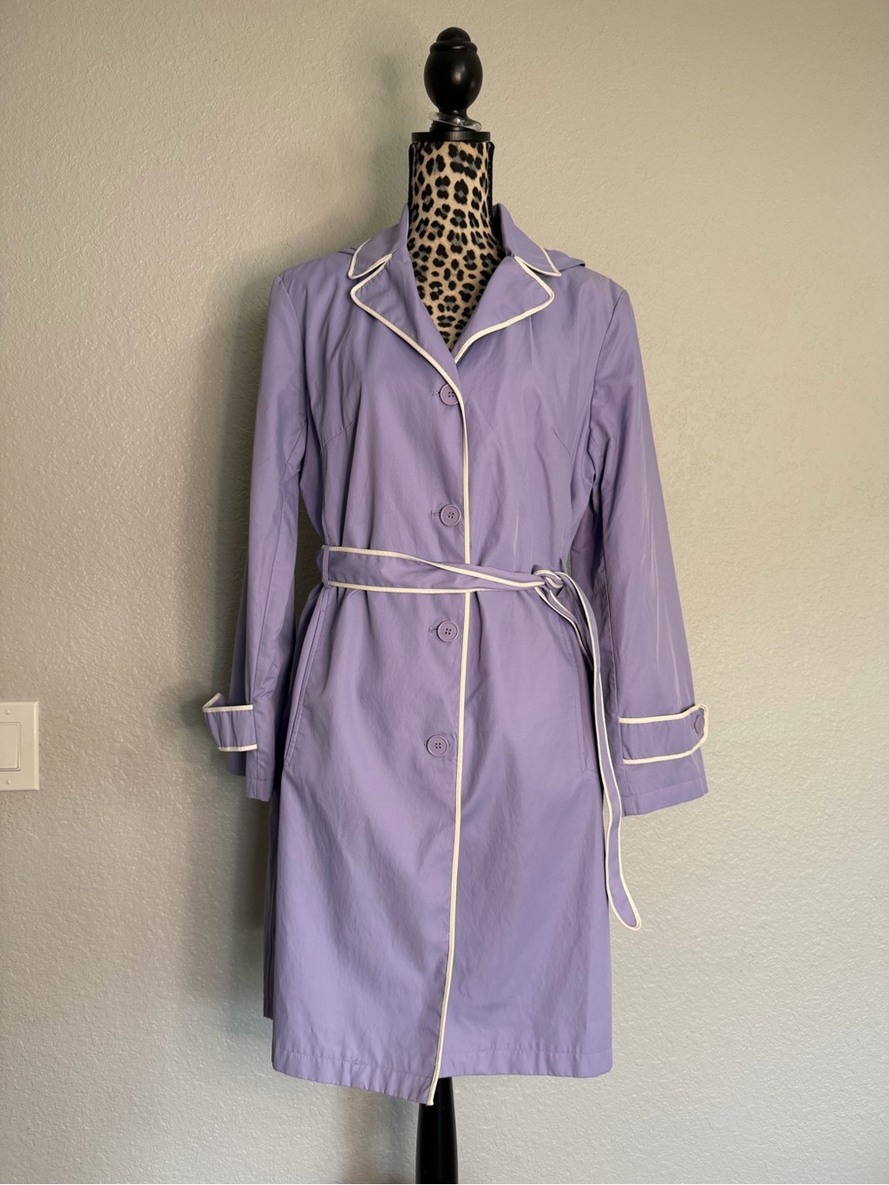 Lavender Raincoat Trench Removable Hood Belted Size L